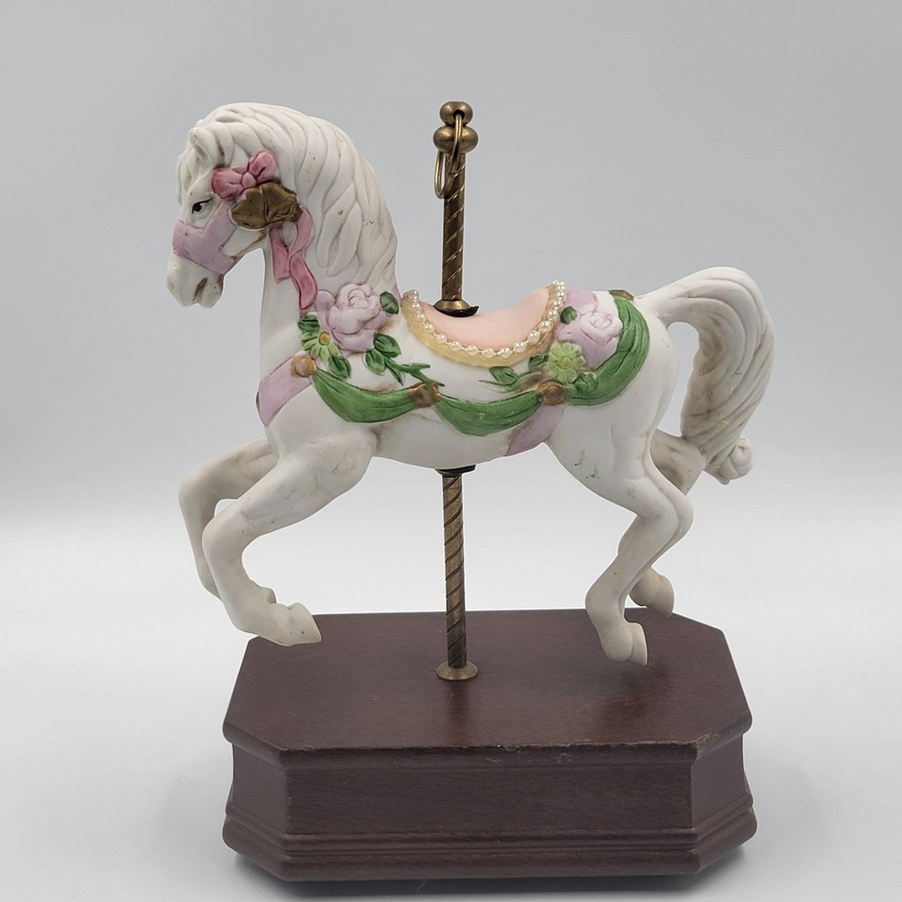 Vtg Westminster Musical Carousel Horse Wood Base Pink Roses Pearl Trim
